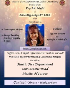 Flyer for Psychic Night at Mastic Fire Department. 