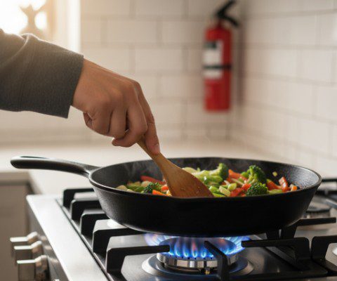 closeup of person cooking over a gas stovetop