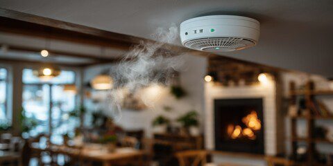 visible smoke near a smoke detector mounted to a ceiling