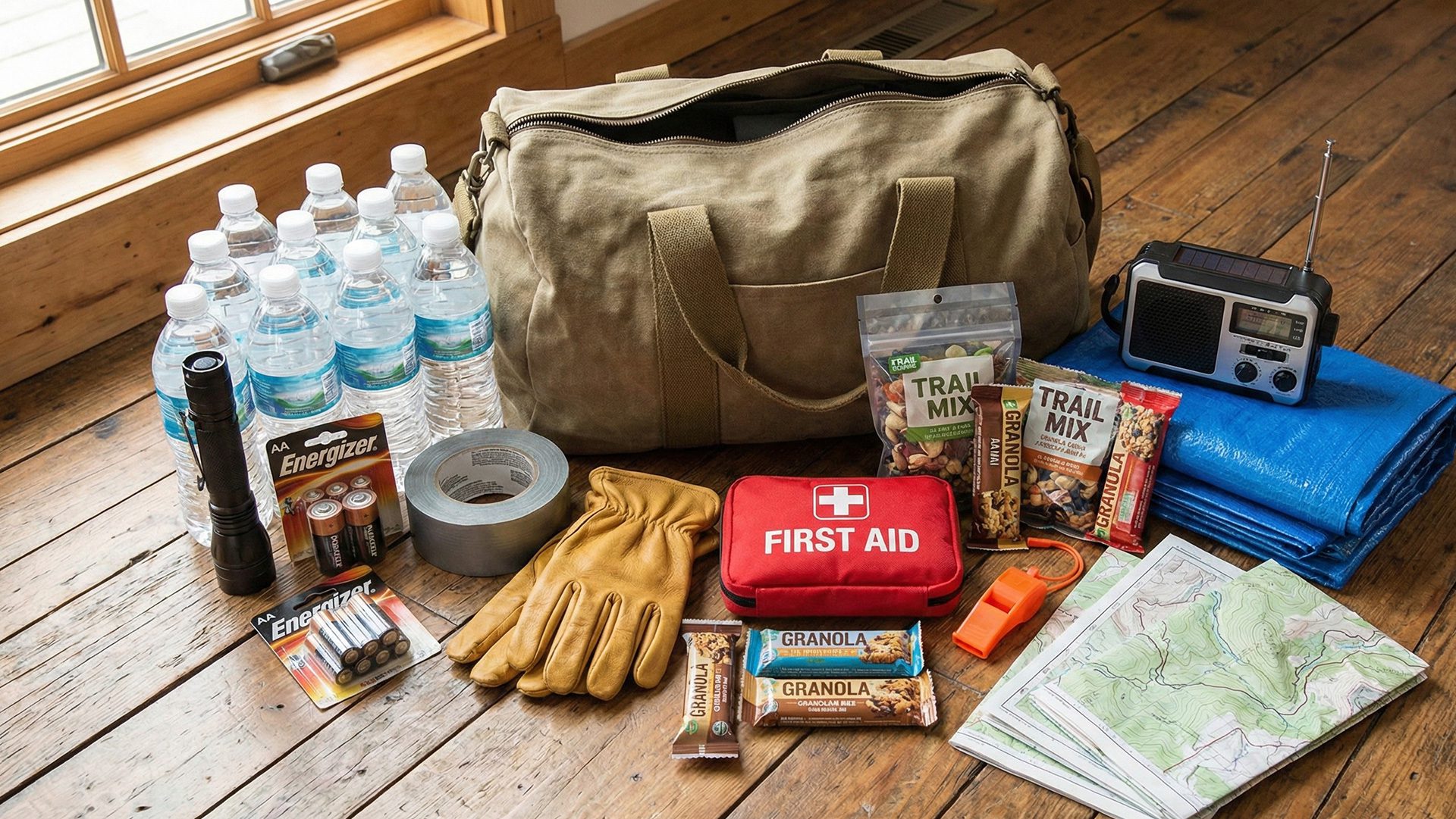 Home emergency kit, including water, flashlight, radio, first aid kit, and more