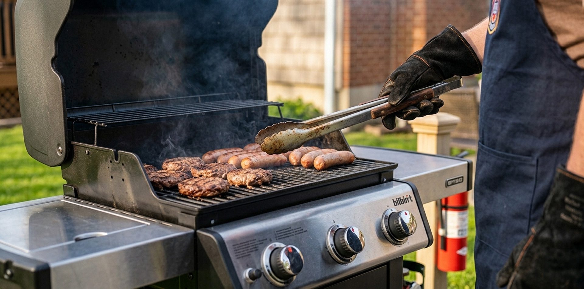 close up of a person grilling burgers and hot dogs outdoors