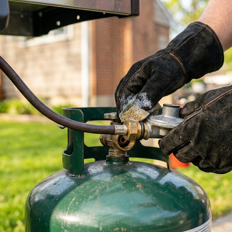close-up of gloved hands using soap to check a propane tank hose for leaks