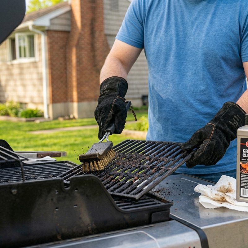 Close-up of someone using a wire brush to clean outdoor grill grates