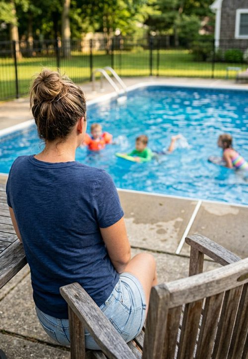 A woman seen from behind sits in a wooden chair, actively supervising three young children swimming in a sunlit backyard pool.