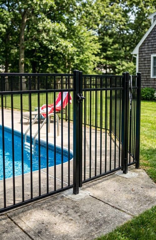 A backyard pool featuring safety fencing