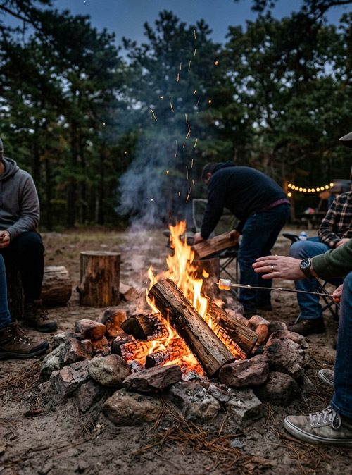 Three men around a campfire at night