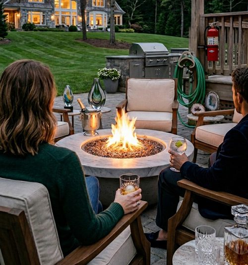 a couple having drinks around their backyard fire pit in th eevening