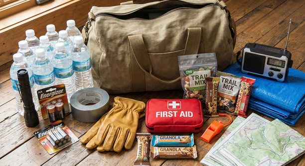 Home emergency kit, including water, flashlight, radio, first aid kit, and more